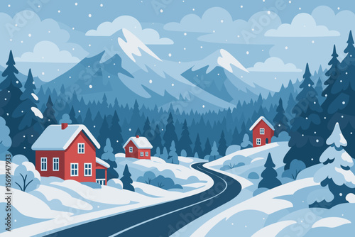 Winter landscape with red houses in a snowy mountain valley. Vector illustration of a cozy village with a pine forest, road, and falling snow. Christmas holiday scenery background.