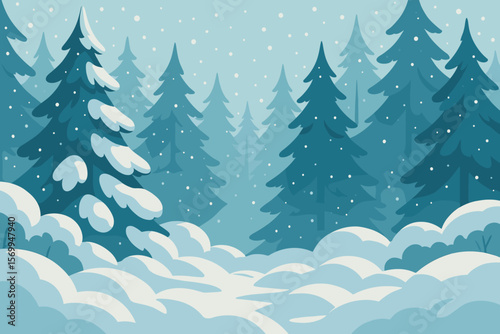 Winter snowy forest with large snowdrifts during snowfall. Pine trees landscape scene. Christmas season background. Modern flat cartoon vector illustration for winter holidays.
