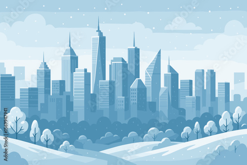 Winter panoramic landscape of a modern metropolis. Cityscape with skyscrapers in the business district under snowfall. Snowy park view. Flat cartoon vector illustration background.