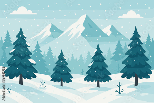 Christmas holiday background. Winter landscape with snowy mountains, pine forest and snowfall. Modern flat cartoon vector illustration. Nature scenery concept.