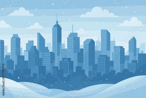 Winter city panoramic landscape with snowfall. Modern urban cityscape skyline silhouette of metropolis business district. Snowy downtown skyscrapers. Flat cartoon vector background.