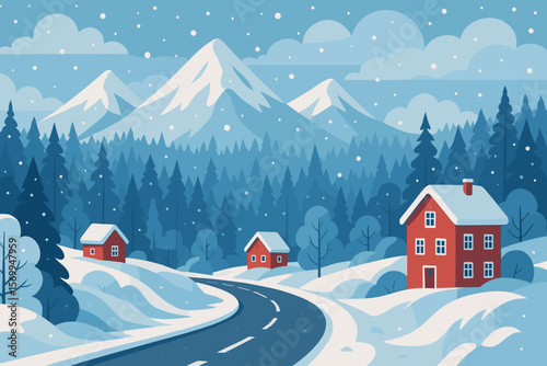 Winter landscape vector illustration with cozy red houses, snowy mountains, and pine forest. Winding road in a countryside village. Christmas holiday travel background.