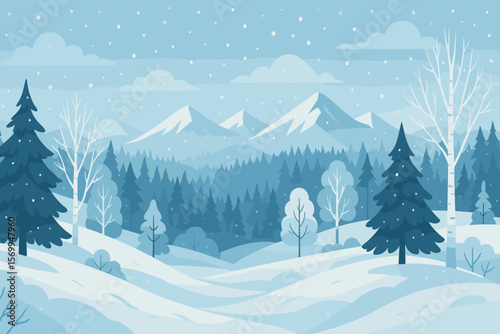 Winter landscape vector background. Panoramic view of snowy mountains, hills and pine forest. Nature scenery with falling snow, fir and birch trees. Flat cartoon illustration.