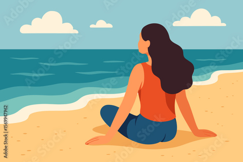 Woman sitting on sandy beach looking at sea. Concept of summer vacation, relaxation, mindfulness, meditation, mental health, and solitude. Peaceful coastal scene vector.