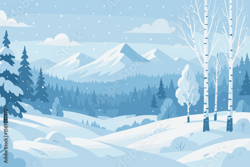Winter panoramic landscape with snow-covered mountains, forest, and birch trees. Serene scene with snowy fields, snowdrifts, and falling snow. Vector illustration background.
