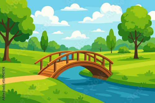 Summer park landscape with a wooden footbridge over the river. Scenic nature cartoon background with green trees, meadow, and blue sky with clouds. Vector illustration.