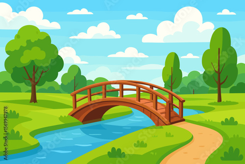 Summer park landscape with a wooden bridge over the river. Cartoon nature scene with a path, green meadows, trees, and blue sky with clouds. Idyllic countryside scenery vector.