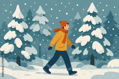 Man walking in a snowy forest. Winter landscape with snow-covered trees. Christmas holiday scene. Person hiking outdoors in cold weather. Modern flat vector cartoon illustration.