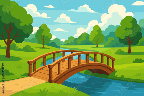 Scenic vector illustration of a wooden footbridge crossing a tranquil river. Summer day in a green park with trees, hills, meadows and a blue sky with clouds. Nature background.