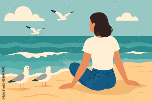 Woman relaxing on a sandy beach watching sea waves. Girl enjoys summer vacation solitude. Concept of peace, mindfulness, travel, escape. Modern flat vector illustration.