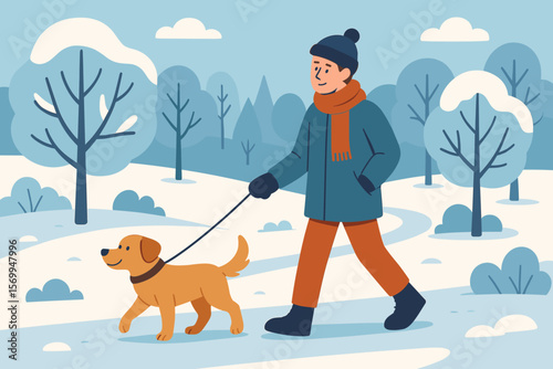 Man walking a dog in a winter park. Pet owner with his animal friend on a snowy day. Outdoor leisure activity concept. Modern flat vector cartoon illustration of winter lifestyle.
