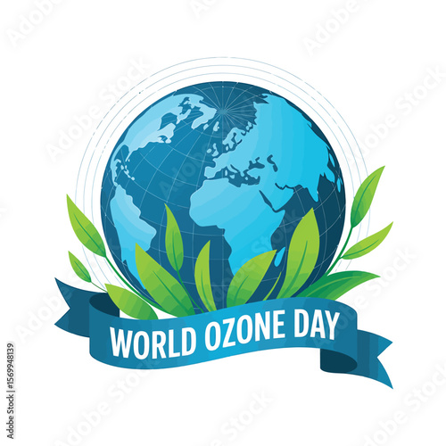 Globe with Green Leaves and a Blue Ribbon Banner for World Ozone Day, Promoting Environmental Awareness and Protection of the Earth's Atmosphere