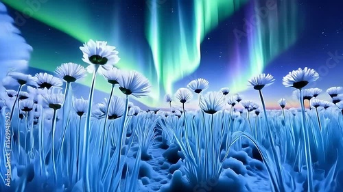 Aurora borealis over blue wildflowers