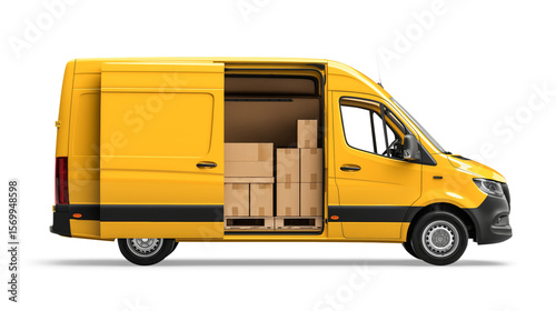 Yellow delivery van full of cardboard boxes parked with open doors