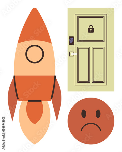 Rocket ready for launch, locked door symbolizing restriction, sad face expressing frustration. Ideal for innovation, ambition, problem-solving, setbacks, motivation, overcoming obstacles simple