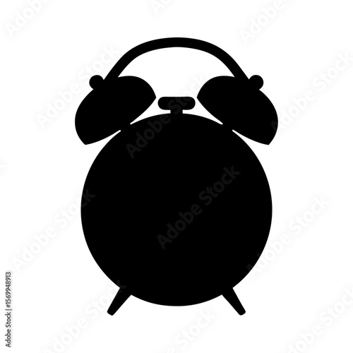 A classic alarm clock in silhouette against a stark white background