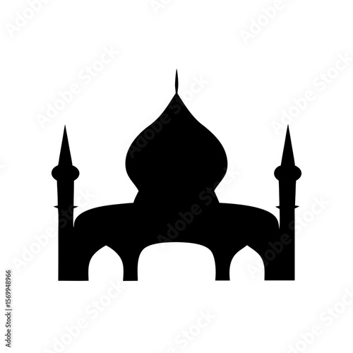Silhouette of a mosque with domes and minarets against a white background