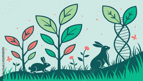 Genetic engineering and biotechnology with nature and wildlife illustration concept design vector art