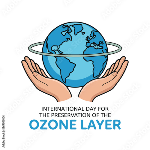 Vector Graphic Depicting Hands Holding a Blue Globe with Continents and a Ring, Representing International Day for the Preservation of the Ozone Layer.