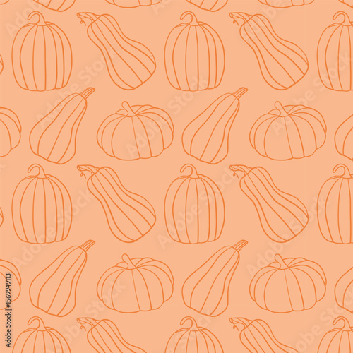Seamless pattern with outlined pumpkins on orange background. Simple autumn design for seasonal textile, packaging, or Thanksgiving-themed decoration.