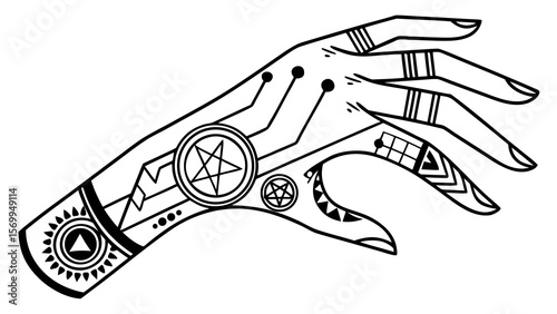 Hand drawn mystic hand with pentagram tattoo vector illustration design graphic art occult esoteric artwork