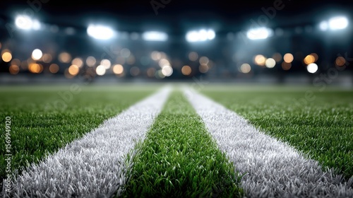 Bright stadium lights shine down on an American football field marked with white lines during a nighttime event
