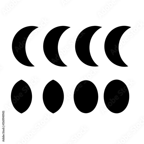 Phases of the moon in a lunar cycle, represented in black