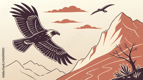 Eagle flying over mountains vector illustration nature landscape wildlife scenery outdoor adventure background
