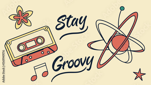 Retro groovy aesthetic vector design with cassette tape, flower, atom and music note for graphic design