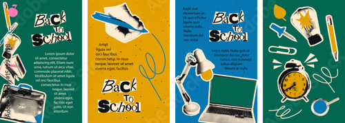 Trendy Back to school vertical banner templates set with halftone collage paper cut outs, education concept. Modern retro vector illustration with copy space for mixed media design