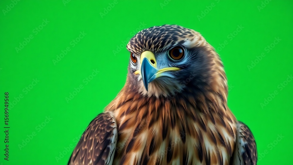 Fototapeta premium Close up of a brown and gray eagle with a blue beak against a bright green background studio shot