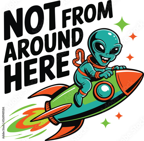 "Not From Around Here" is a bold and mysterious design that plays with the idea of being an outsider or different from the norm. Perfect for those who feel unique, rebellious, or out of place—in the b