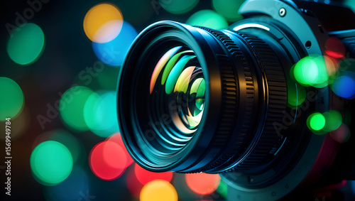 Illuminated Camera Lens Capturing Bokeh Lights An Exploration of Photography Artistry and Optical Technology in a Vibrant Display of Color