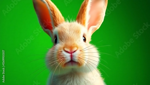 Close up portrait of a cute bunny with long ears against a vibrant green background looking at camera