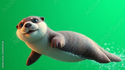 A cartoon otter swimming underwater with a green screen background and bubbles visible in the water