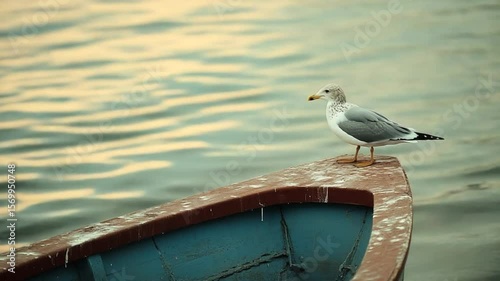 Seagull Perched on a Rustic Boat in a Serene Water Landscape, Nature Scene