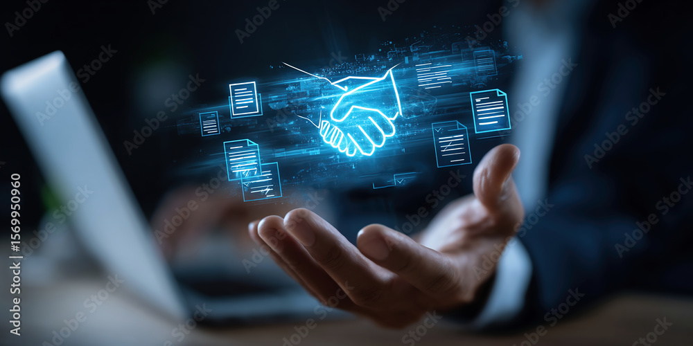 Obraz premium Businessman managing digital procurement process with contract, invoice, approval documents, representing B2B sourcing, vendor management, supply chain, e-procurement, paperless contract ...