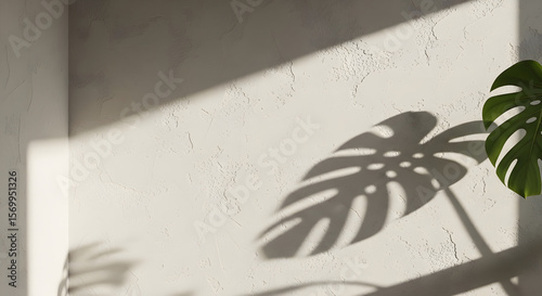 Minimalist Textured Plaster Wall Background - Organic Modern Limewash Surface with Soft Natural Light and Leaf Shadow.
