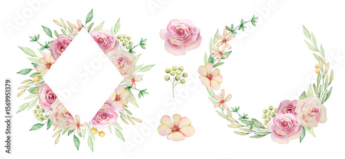 Elegant Floral decoration frames with watercolor pink flowers and green leaves