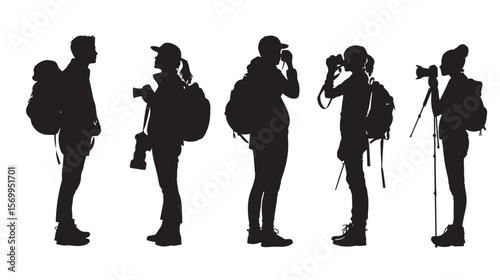 Set of silhouettes of tourists and travelers , black silhouettes isolated on white background