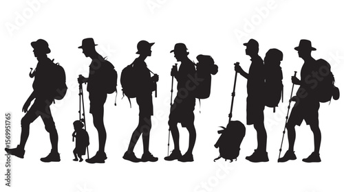 Set of silhouettes of tourists and travelers , black silhouettes isolated on white background