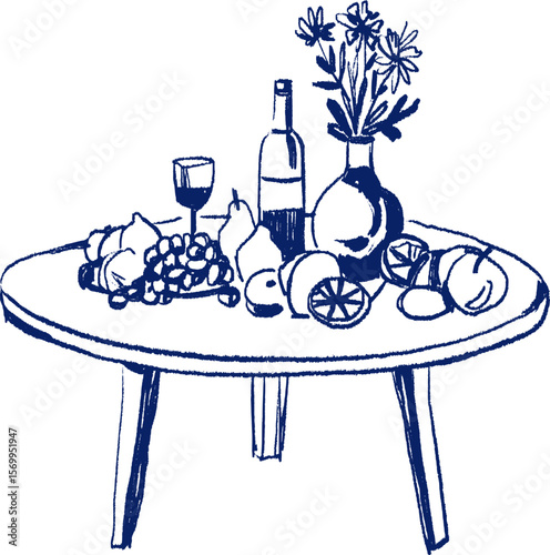 Still Life Sketch of Fruit, Wine and Flowers on a Round Table. Elegant Line Art for Restaurant Menus, Kitchen Wall Art and Food-Themed Designs