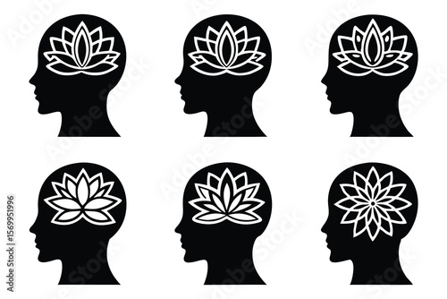 Black human head silhouettes with white lotus flowers profile
