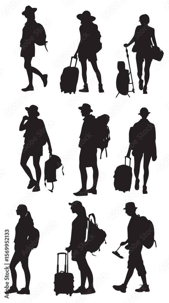 Fototapeta premium Set of silhouettes of tourists and travelers , black silhouettes isolated on white background
