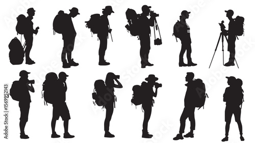 Set of silhouettes of tourists and travelers , black silhouettes isolated on white background