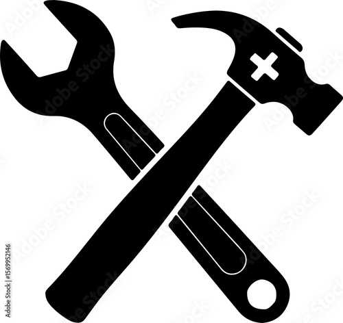 Black Wrench and hammer Tool with Glossy Surface and Bold Design 3d icon in cartoon plastic style minimal isolated on transparent background