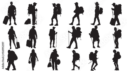 Set of silhouettes of tourists and travelers , black silhouettes isolated on white background