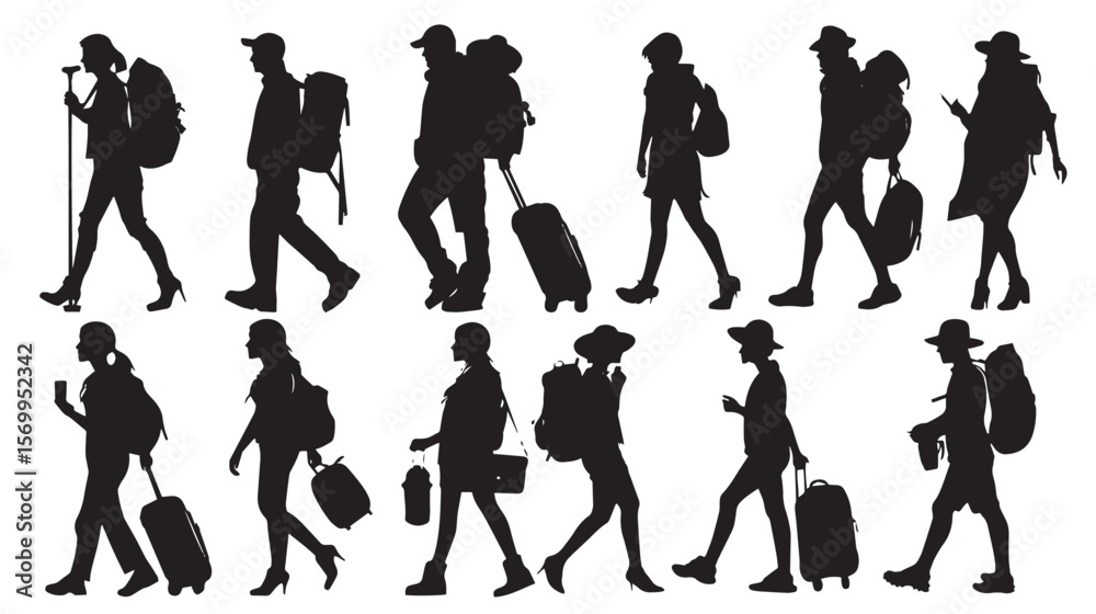 Obraz premium Set of silhouettes of tourists and travelers , black silhouettes isolated on white background