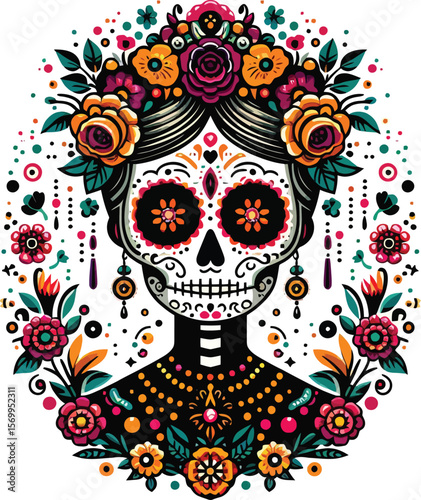 Vector Clipart of a Catrina in Day of the Dead Style with Clean White Background