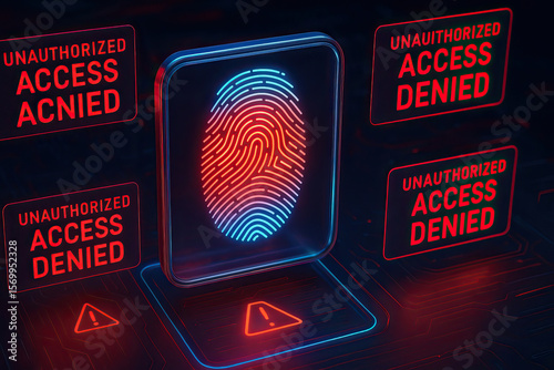 Unauthorized access denied concept with digital fingerprint scanner and warning signs in red and blue neon light, symbolizing security breach and restricted entry